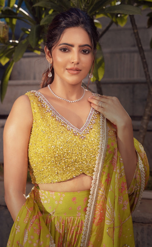 Yellow Printed Floral Lehenga ensemble by Studio 149 for sangeet | Mehendi and festive events