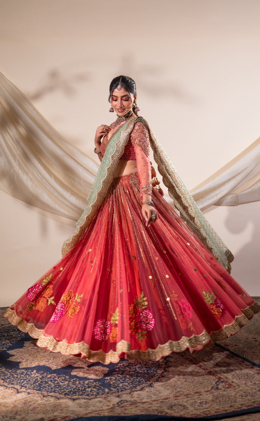 Hand embroidered tulle lehenga in coral | Bridal / Engagement wear
