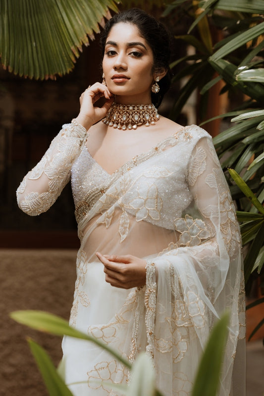 CONTEMPORARY TULLE DESIGNER SAREE IN WHITE