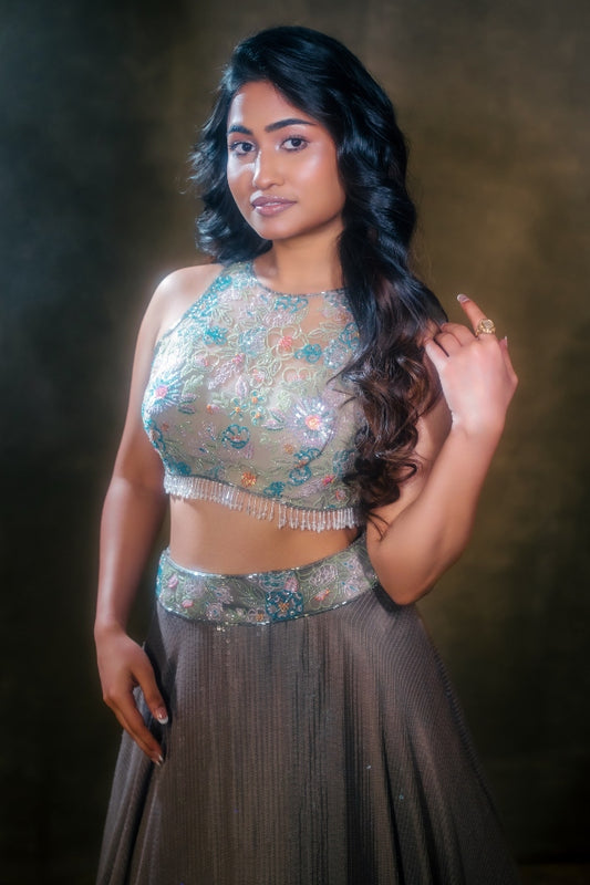 DESIGNER CROP TOP & SKIRT IN GREY