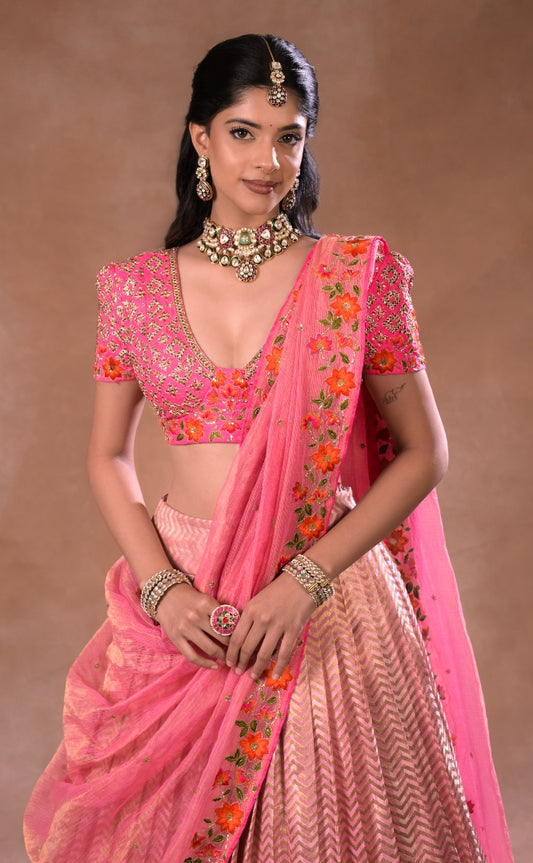 Kanjeevaram half saree in hot pink| Bridal / Engagement wear by Studio 149, Chennai