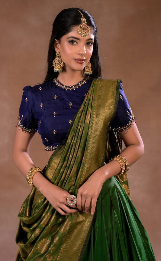 Kanjeevaram half saree in blue and green | Bridal / Engagement wear by Studio 149, Chennai