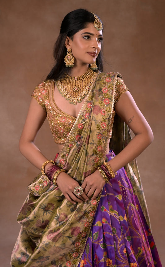 Kanjeevaram half saree in purple and peach| Bridal / Engagement wear by Studio 149, Chennai