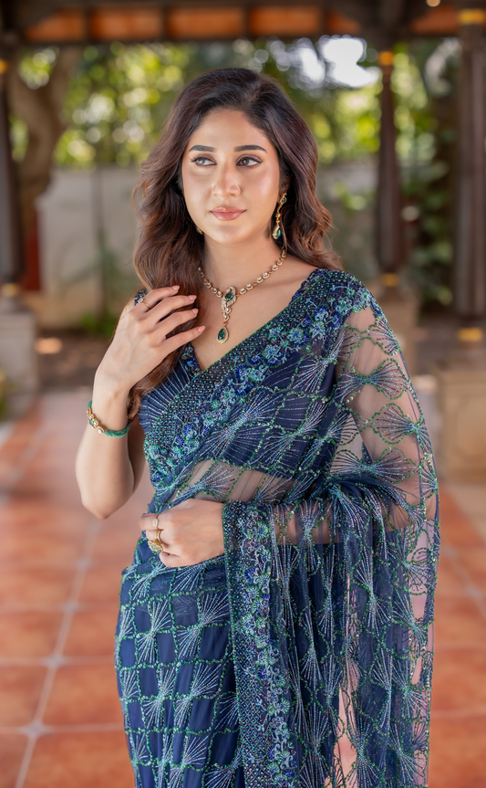Designer Tulle Saree in Midnight Blue for Reception and Cocktail BY STUDIO 149