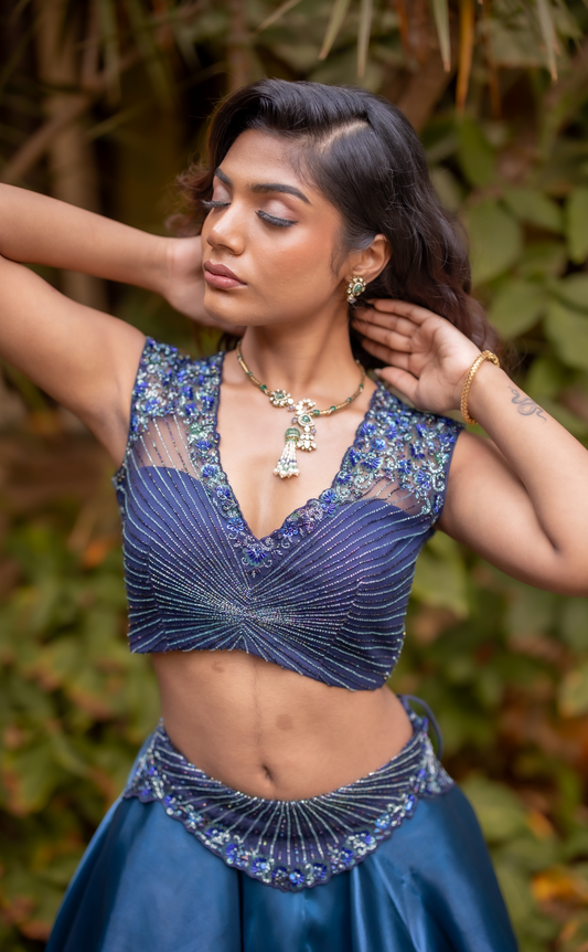 Blue Designer Croptop Skirt set | Bridal wear for Cocktail/ Sangeet in Chennai by Studio149