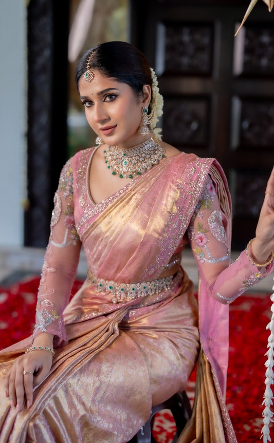 Pink & Gold Bridal Muhurtam Saree | Bridal Engagement and reception wear by Studio149, chennai