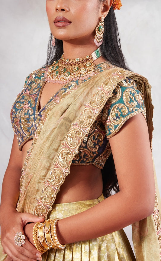 BRIDAL KANJEEVARAM HALF SAREE IN PEACOCK BLUE AND PASTEL GREEN