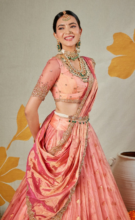 BRIDAL CHANDERI HALF SAREE SET IN PEACH