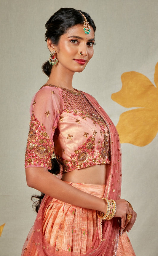 DESIGNER PEACH AND PINK HALF SAREE SET