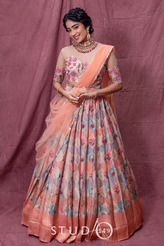 DESIGNER KORA BANARES HALF SAREE IN PEACH