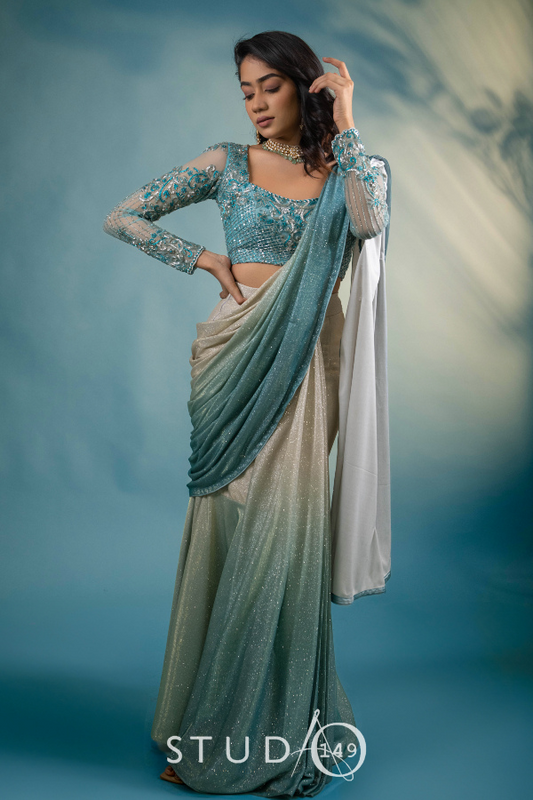 DESIGNER DRAPED SAREE IN TEAL