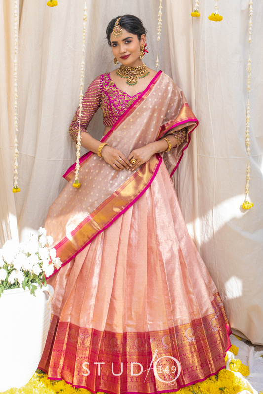 BRIDAL KANJEEVARAM HALF SAREE SET IN PINK