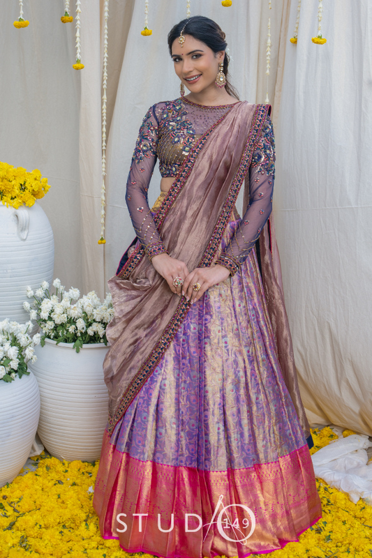 BRIDAL KANJEEVARAM HALF SAREE SET IN BLUE