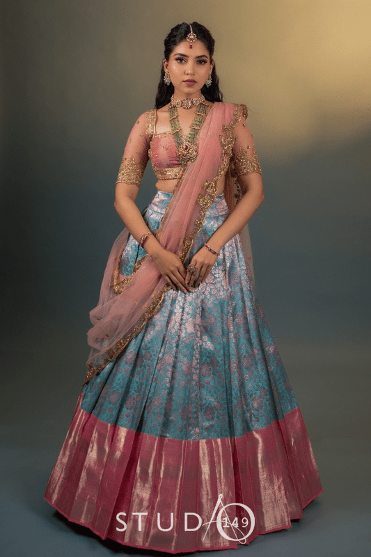 BRIDAL KANJEEVARAM HALF SAREE SET IN BLUE & PINK