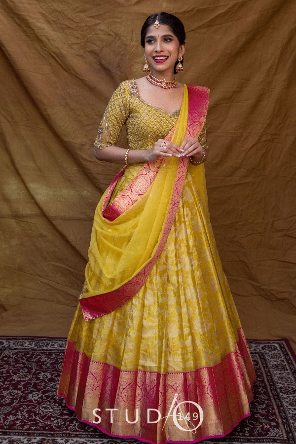 BRIDAL KANJEEVARAM HALF SAREE SET IN YELLOW – Studio 149 Fashion