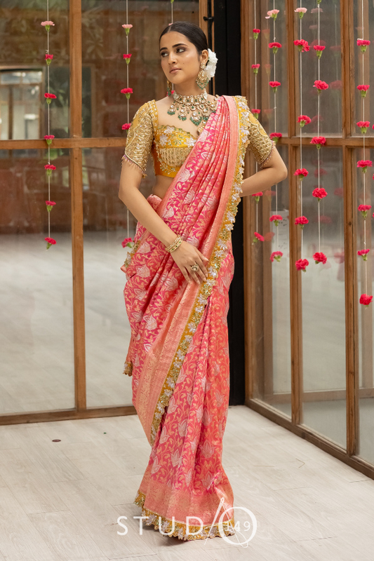 BRIDAL BANARASI SAREE IN PINK & MUSTARD