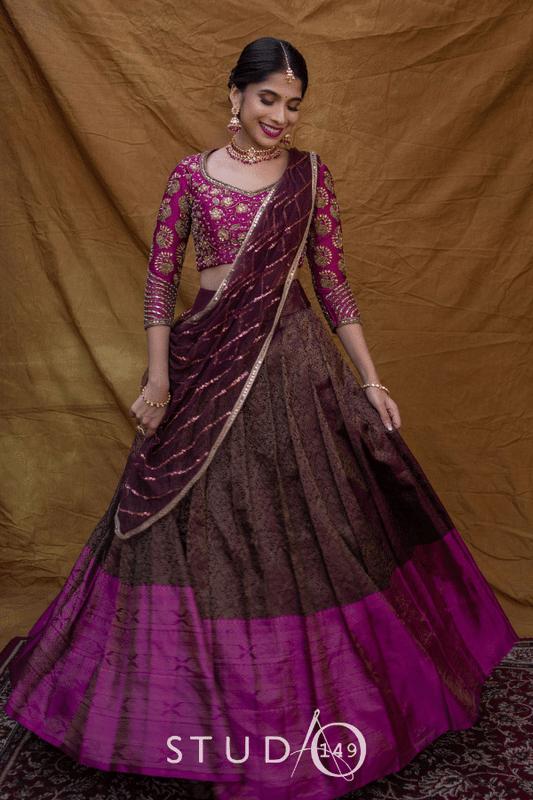 BRIDAL KANJEEVARAM HALF SAREE SET IN PINK & PURPLE
