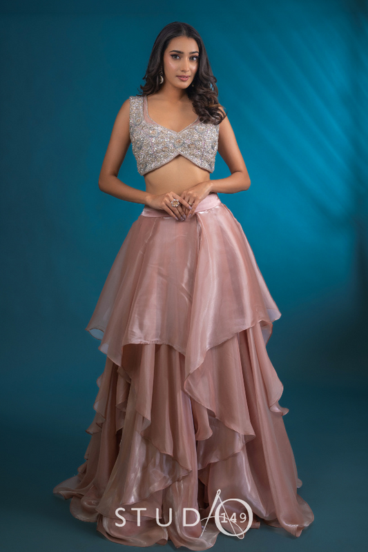 DESIGNER CROP TOP & SKIRT IN BLUSH PINK