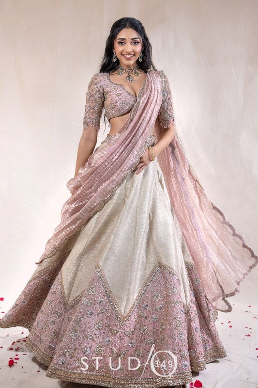 DESIGNER RAW SILK BANARAS LEHENGA IN SILVER AND LILAC