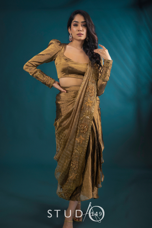 DESIGNER DRAPED SAREE IN GOLD