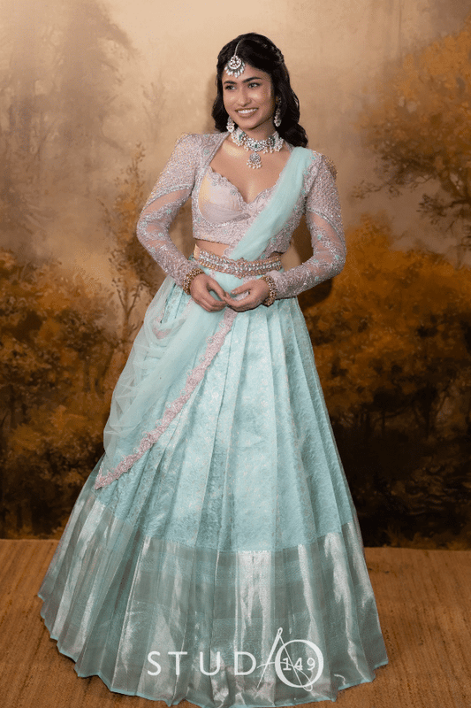 BRIDAL KANJEEVARAM HALF SAREE IN MINT GREEN