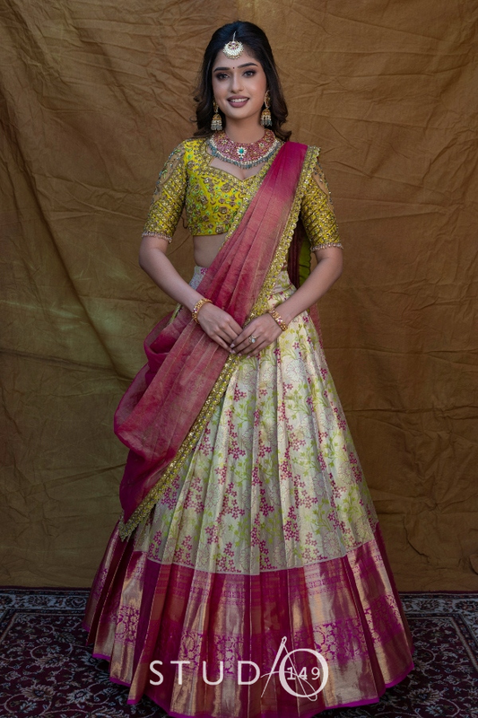 BRIDAL KANJEEVARAM HALF SAREE IN GREEN & PINK