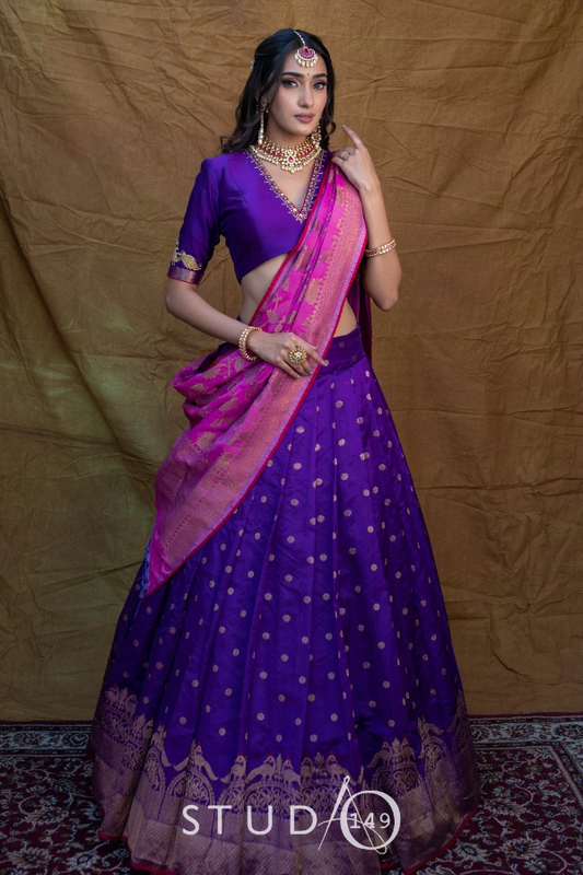 BRIDAL HALF SAREE SET IN PURPLE