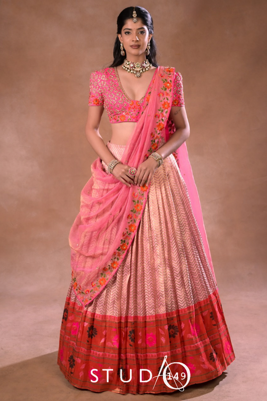 Kanjeevaram half saree in hot pink| Bridal / Engagement wear by Studio 149, Chennai
