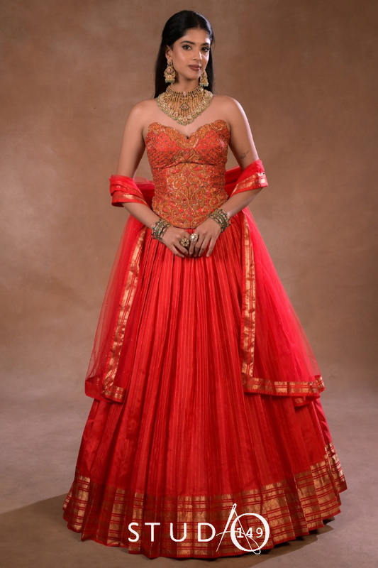 Red kanjeevaram halfsaree| Bridal / Engagement wear by Studio 149, Chennai
