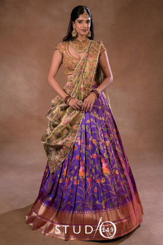 Kanjeevaram half saree in purple and peach| Bridal / Engagement wear by Studio 149, Chennai