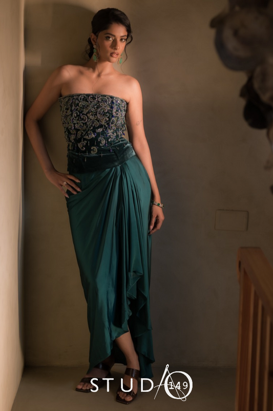 Embellished corset with drape skirt in teal blue| Sangeet / Cocktail wear by Studio 149