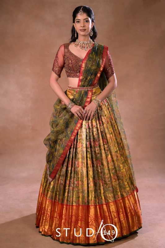 Kanjeevaram half saree in Maroon and Green| Bridal / Engagement wear by Studio 149, Chennai