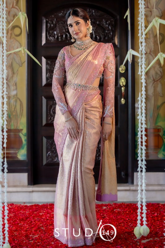 Pink & Gold Bridal Muhurtam Saree | Bridal Engagement and reception wear by Studio149, chennai