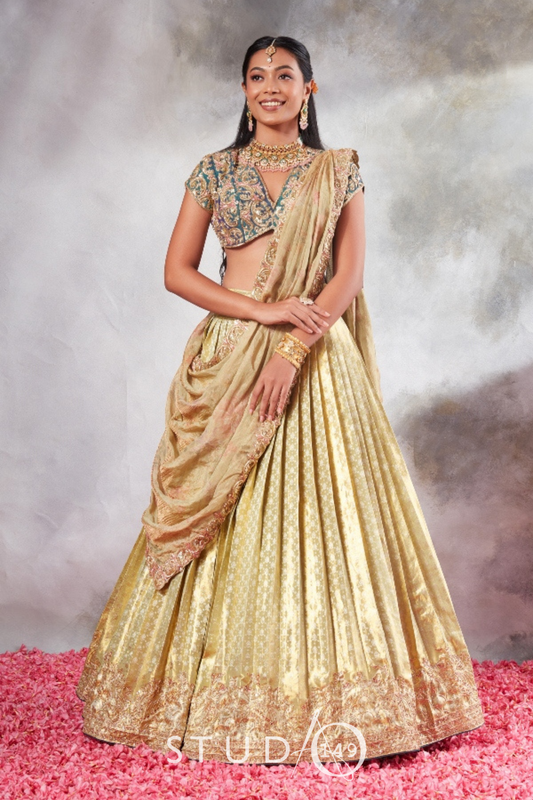 BRIDAL KANJEEVARAM HALF SAREE IN PEACOCK BLUE AND PASTEL GREEN