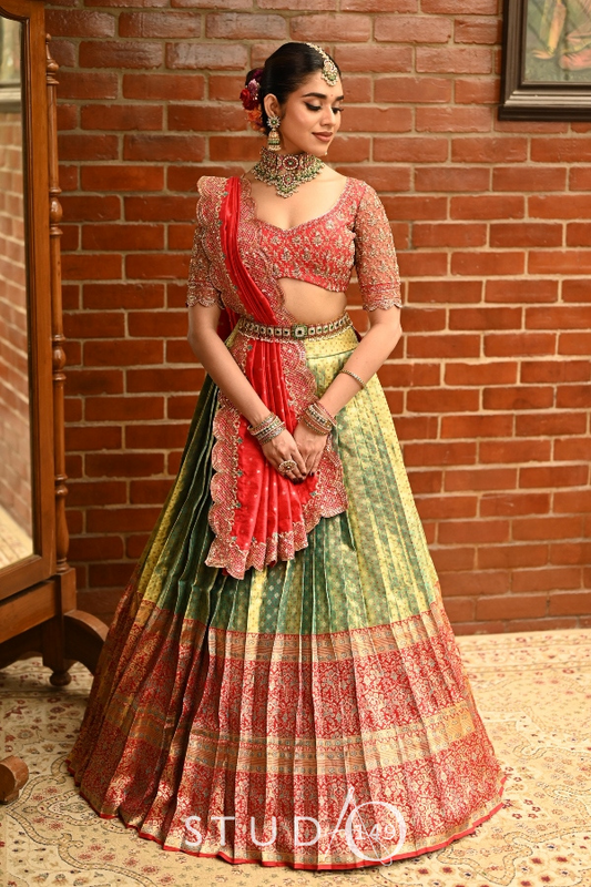 BRIDAL KANJEEVARAM HALF SAREE IN RED AND GREEN