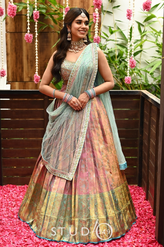 BRIDAL KANJEEVARAM HALF SAREE IN BLUE AND PINK