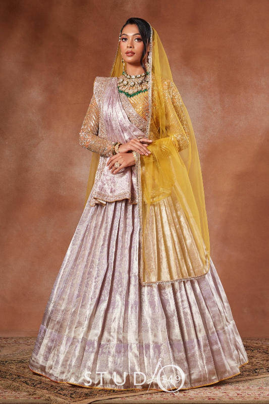 BRIDAL KANJEEVARAM HALF SAREE IN LILAC AND MUSTARD