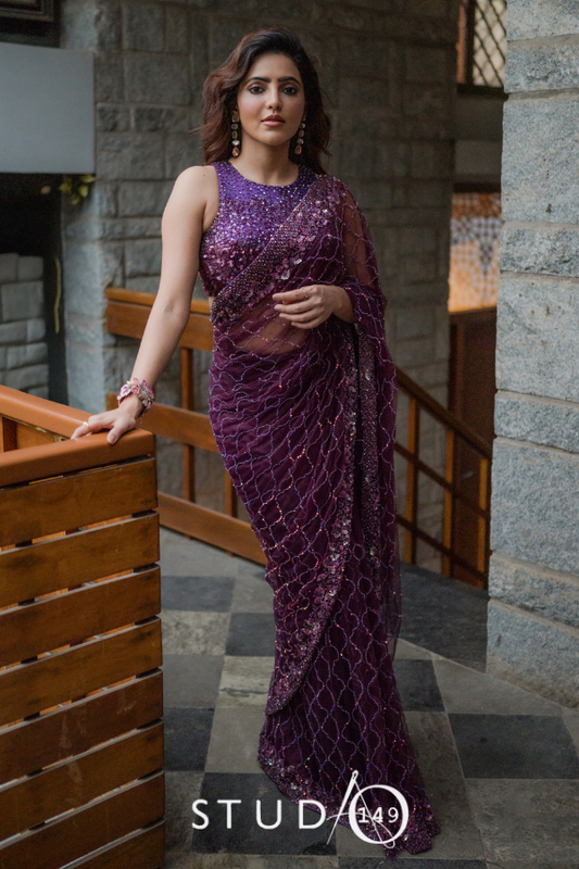 Deep Purple Hand-Embroidered Designer Saree | Reception wear | Studio149