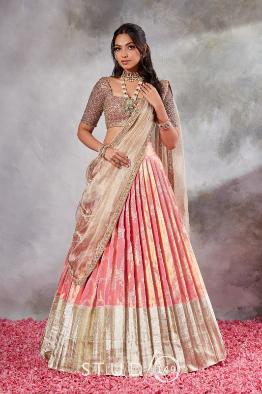 BRIDAL KANJEEVARAM HALF SAREE IN SILVER AND PEACH