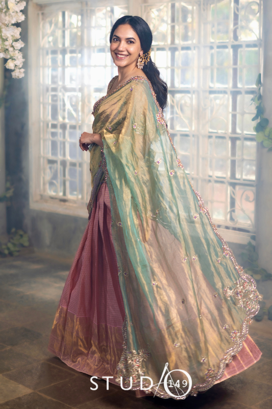 Kanjeevaram half saree in pink & green | Bridal / Engagement Wear by Studio 149, Chennai