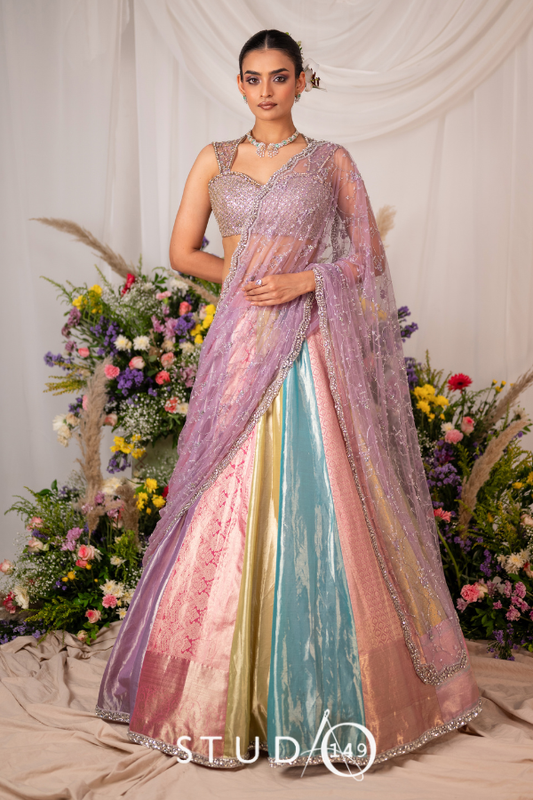 Kanjeevaram multi- panel lehenga in lilac | Engagement / Bridal wear by Studio149, Chennai (Copy)