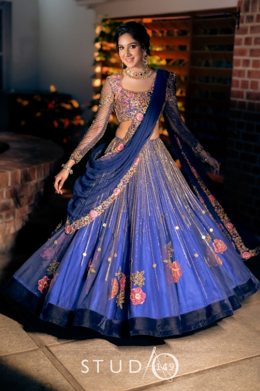 BRIDAL EMBROIDERED LEHENGA IN BLUE