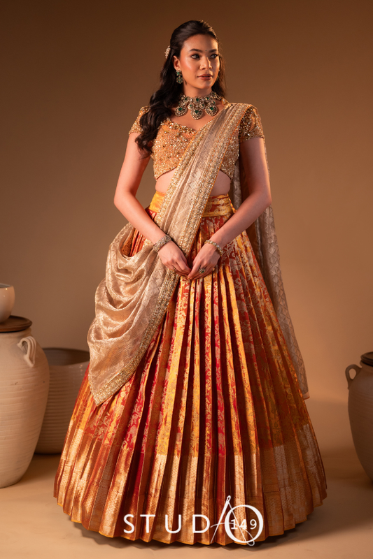Kanjeevaram half saree in rust orange | Bridal / Engagement wear by Studio 149, Chennai