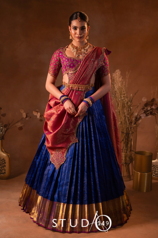 Kanjeevaram half saree in purple & blue | Bridal / Engagement wear by Studio149, Chennai
