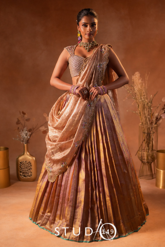 Kanjeevaram half saree in gold & lilac | Bridal / Engagement wear by Studio 149, Chennai