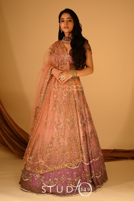 BRIDAL TULLE LEHENGA IN MAUVE AND PEACH OMBRE