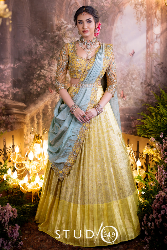 Lime Green and Blue Bridal Kanjivaram Half Saree | Bridal & Engagement Wear by Studio 149, Chennai