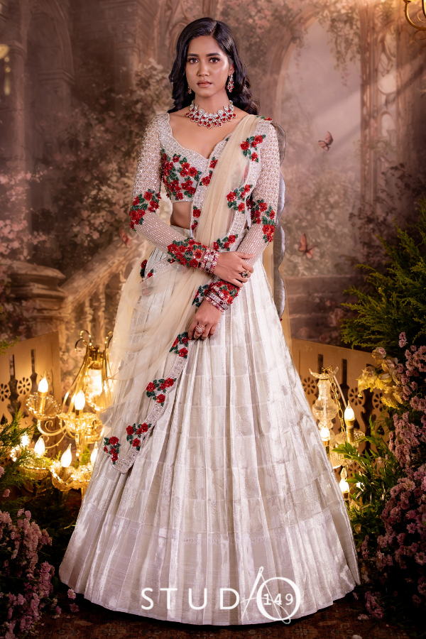 Silver Bridal Kanjivaram Half Saree | Bridal & Engagement Wear by Studio 149, Chennai Medium Silver Bridal Kanjivaram Half Saree | Bridal & Engagement Wear by Studio 149, Chennai Medium