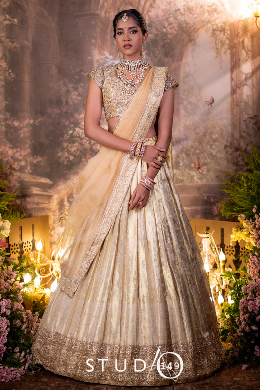 Gold Bridal Kanjivaram Half Saree | Bridal & Engagement Wear by Studio 149, Chennai