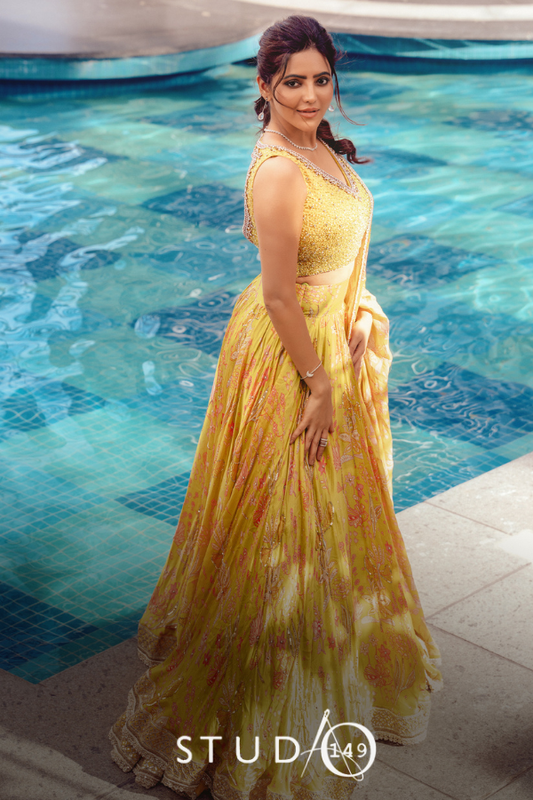 Yellow Printed Floral Lehenga ensemble by Studio 149 for sangeet | Mehendi and festive events